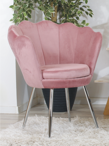 Fotel muszelka SHELL | welur pudrowy róż, chromowane nogi