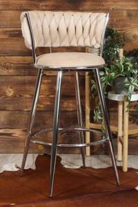 Welurowe krzesło barowe glamour ROSA 2 | beżowa plecionka, srebrny stelaż