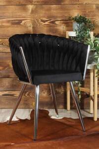 Welurowe krzesło glamour ROSA | czarna plecionka, srebrny stelaż