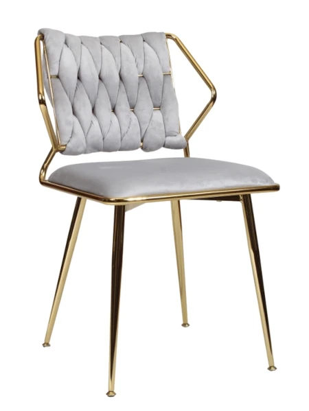 Krzesło glamour plecione ERGO szary welur na złotym stelażu