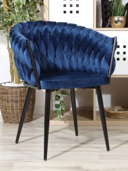 Welurowe krzesło glamour ROSA 2 | granatowa plecionka, czarny stelaż
