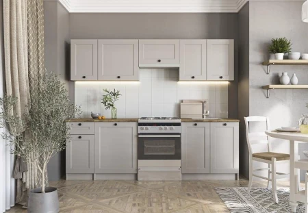 Komplet mebli kuchennych VIVIAN 240 w kolorze kaszmiru z orzechowym blatem