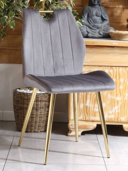 Nowoczesne krzesło welurowe MOLLY | szara tkanina, złote detale