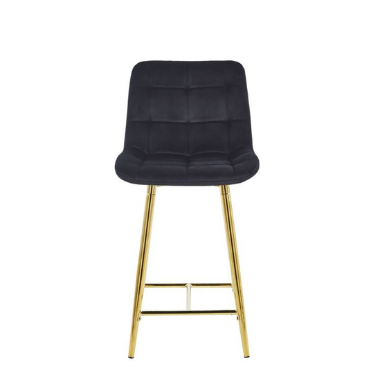 Welurowe krzesło barowe niskie PROXI pikowane czarne na złotych nogach