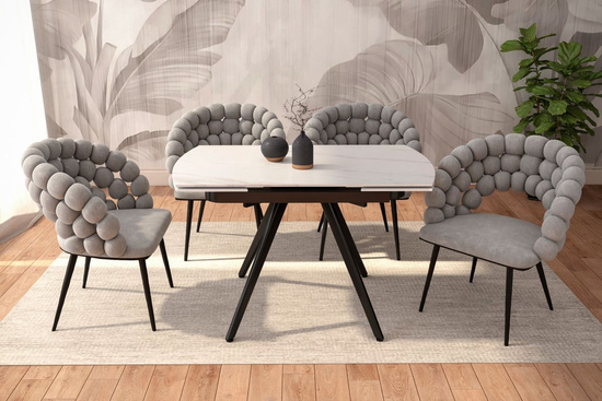 Stół rozkładany MARMO z blatem biały marmur i czarną podstawą