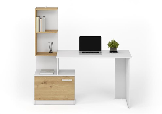 Biurko MISO w kolorze białym z akcentami dębu artisan
