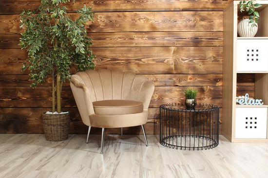 Fotel wypoczynkowy muszla VIDAL z weluru | tapicerka ciemny beż, srebrne nóżki