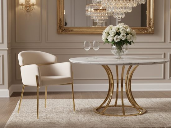 Krzesło z podłokietnikami glamour ze złotym łącznikiem LUNGO VELVET kremowe na złotym stelażu