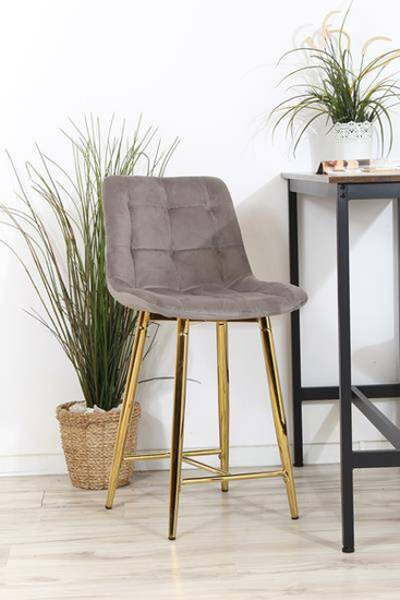 Welurowe krzesło barowe pikowane niskie PROXI szare na złotych nogach