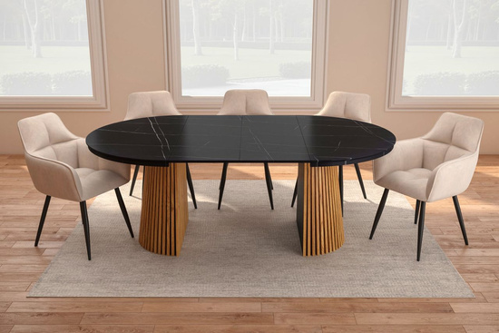 Nowoczesny okrągły stół rozkładany BLANES  120 cm w kolorze czarny / dąb z dekoracyjną podstawą    
