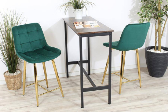 Welurowe krzesło barowe niskie PROXI pikowane zielone na złotych nogach
