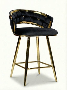 Krzesło barowe plecione półhoker TESSA VELVET czarny na złotym stelażu
