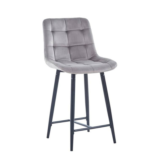 Welurowe krzesło do wyspy niskie PROXI pikowane szare na czarnych nogach