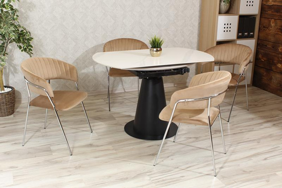 Okrógły stół rozkładany CALMARA z ceramicznym marmurowym blatem i czarną podstawą