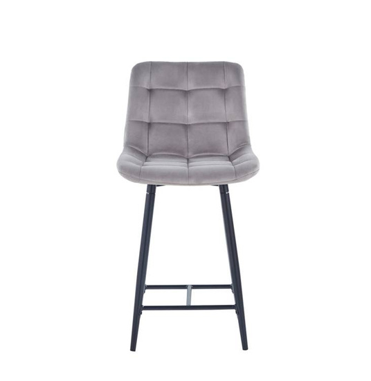 Welurowe krzesło do wyspy niskie PROXI pikowane szare na czarnych nogach