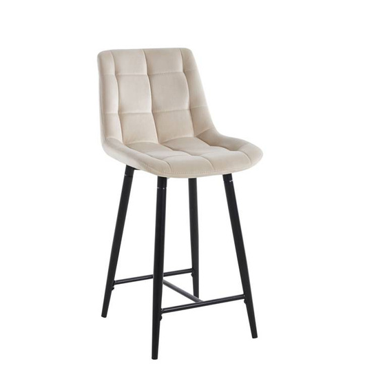 Welurowe krzesło do wyspy niskie PROXI pikowane jasny beż na czarnych nogach