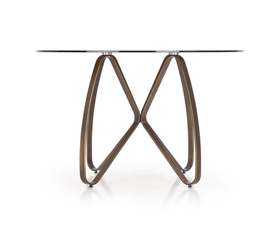 Okrągły stół LUNGO z brązowym blatem i złotą podstawą w stylu antycznym