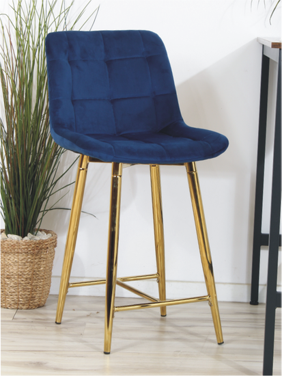 Welurowe krzesło barowe niskie PROXI pikowane granatowe na złotych nogach