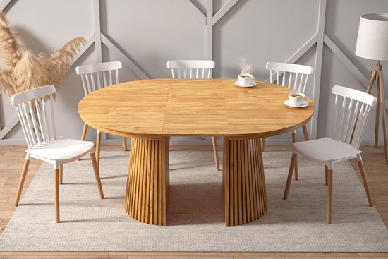 Nowoczesny okrągły stół rozkładany 120 cm w kolorze dębu z dekoracyjną podstawą    