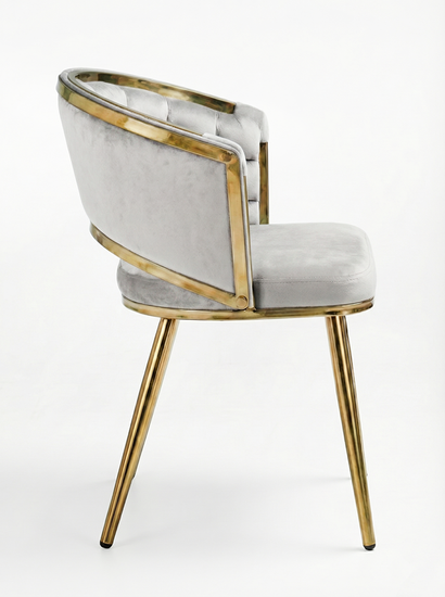 Welurowe krzesło z przeplatanym oparciem TESSA VELVET szare na złotym stelażu