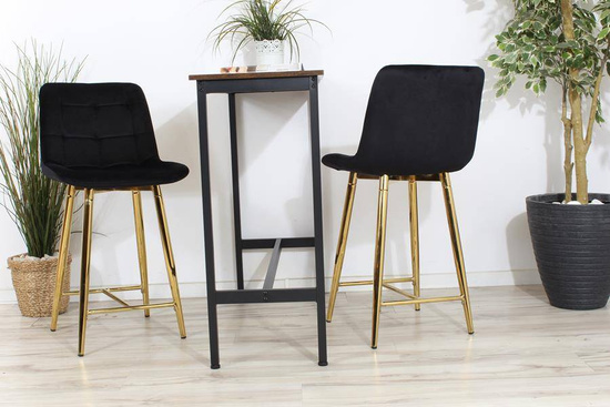 Welurowe krzesło barowe niskie PROXI pikowane czarne na złotych nogach