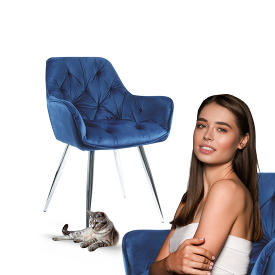 Krzesło fotelowe z podłokietnikami AURORA | granatowy welur, chromowane nogi, pikowana tapicerka