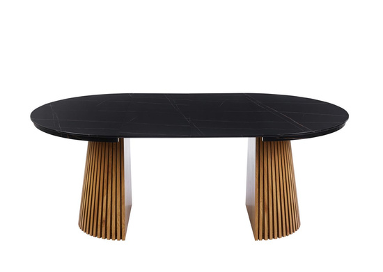 Nowoczesny okrągły stół rozkładany 120 cm w kolorze czarny / dąb z dekoracyjną podstawą    