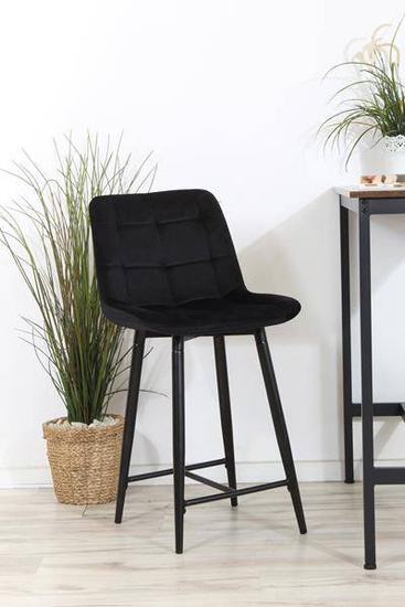 Welurowe krzesło do wyspy niskie PROXI pikowane czarne na czarnych nogach