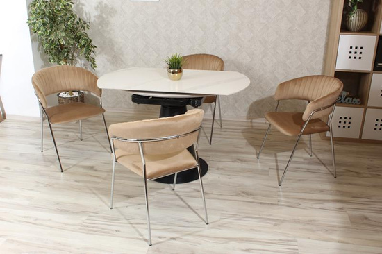 Okrógły stół rozkładany CALMARA z ceramicznym marmurowym blatem i czarną podstawą