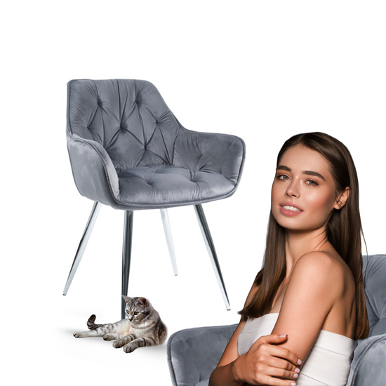 Krzesło fotelowe z podłokietnikami AURORA | szary welur, chromowane nogi, pikowana tapicerka