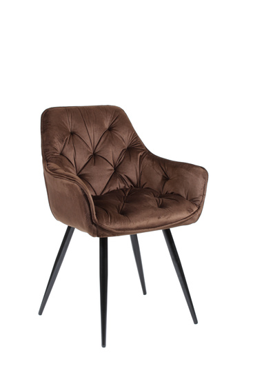 Krzesło fotelowe z podłokietnikami AURORA | brązowy welur, czarne nogi, pikowana tapicerka