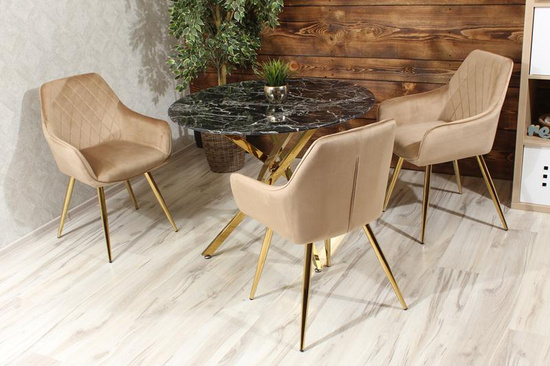Krzesło w przeszycia skośne CARBO ciemny beż ze złotymi nóżkami