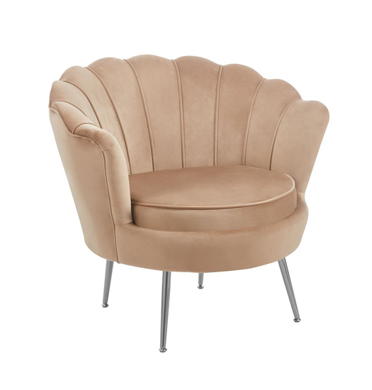 Fotel wypoczynkowy muszla VIDAL z weluru | tapicerka ciemny beż, srebrne nóżki