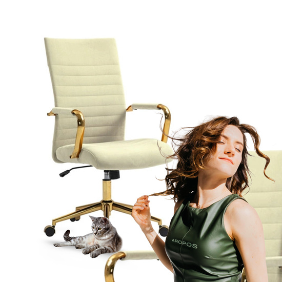 Welurowy fotel biurowy DORIAN kremowy na złotym stelażu