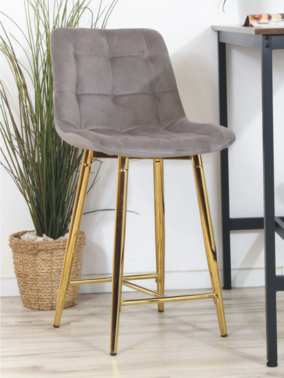 Welurowe krzesło barowe pikowane niskie PROXI szare na złotych nogach