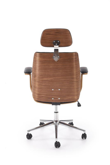 Fotel gabinetowy TIMBER orzechowe wykończenie z czarną tapicerką z ekoskóry