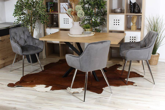 Krzesło fotelowe z podłokietnikami AURORA | szary welur, chromowane nogi, pikowana tapicerka