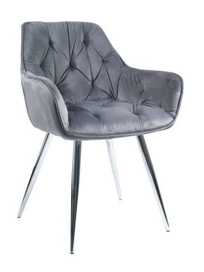 Krzesło fotelowe z podłokietnikami AURORA | szary welur, chromowane nogi, pikowana tapicerka