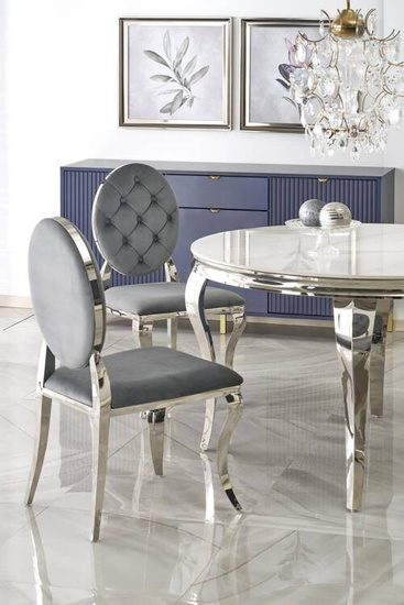 Zestaw glamour do jadalni stół okrągły REGINALD z 4 krzesłami K555 srebrny stelaż
