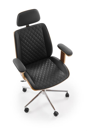 Fotel gabinetowy TIMBER orzechowe wykończenie z czarną tapicerką z ekoskóry