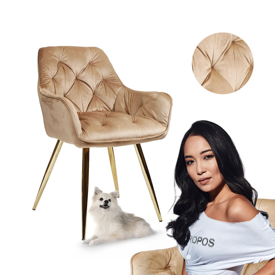 Pikowane krzesło z marszczeniami AURORA ciemny beż ze złotymi nogami