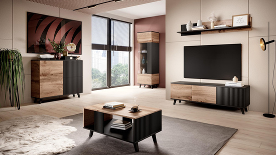 Stolik RTV RANDOM RTV-K 180 cm z kominkiem dąb wotan/czarny