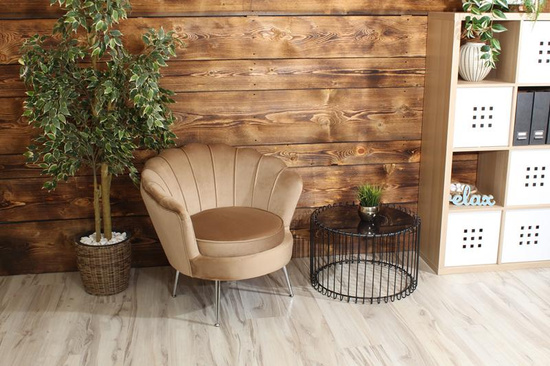 Fotel wypoczynkowy muszla VIDAL z weluru | tapicerka ciemny beż, srebrne nóżki