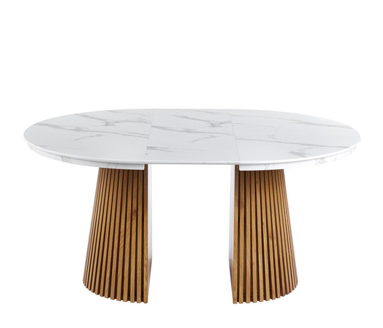 Nowoczesny okrągły stół rozkładany 120 cm w kolorze biały marmur / dąb z dekoracyjną podstawą    