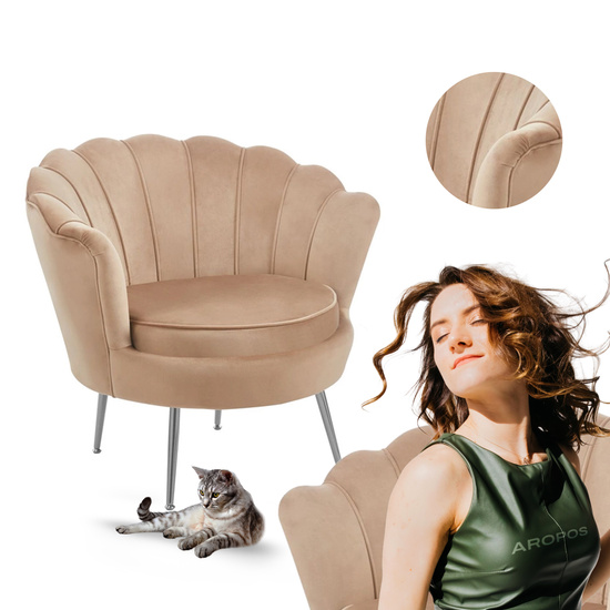 Fotel wypoczynkowy muszla VIDAL z weluru | tapicerka ciemny beż, srebrne nóżki