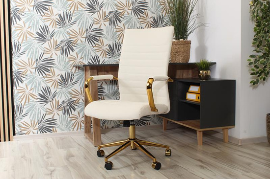 Welurowy fotel biurowy DORIAN kremowy na złotym stelażu