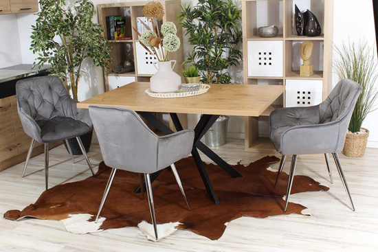 Krzesło fotelowe z podłokietnikami AURORA | szary welur, chromowane nogi, pikowana tapicerka