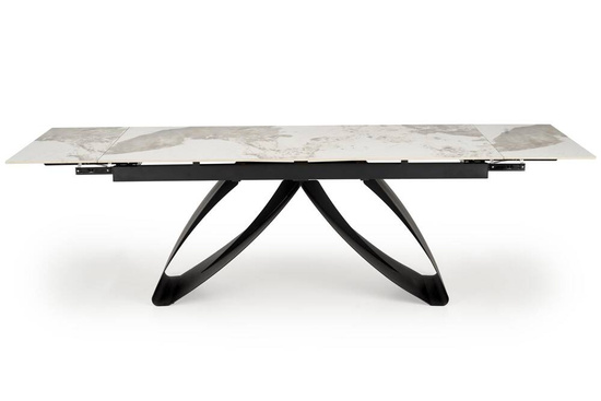 Zestaw modernistyczny stół do jadalni rozkładany HILARIO + 4 krzesła K542z obrotowym siedziskiem beżowy blat ze spieku i czarne nogi