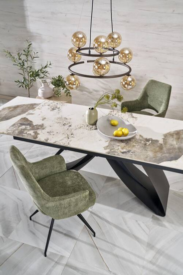 Zestaw modernistyczny stół do jadalni rozkładany HILARIO + 4 krzesła K542z obrotowym siedziskiem beżowy blat ze spieku i czarne nogi