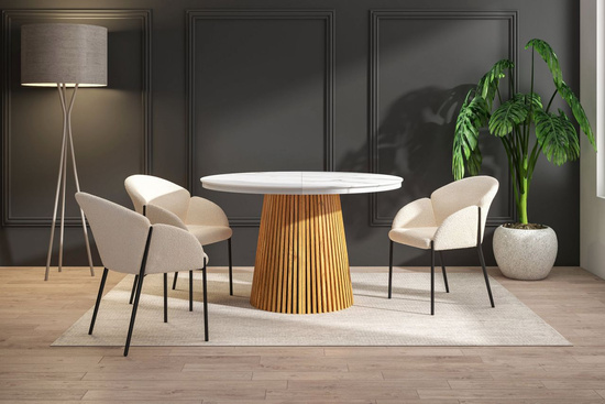 Nowoczesny okrągły stół rozkładany 120 cm w kolorze biały marmur / dąb z dekoracyjną podstawą    